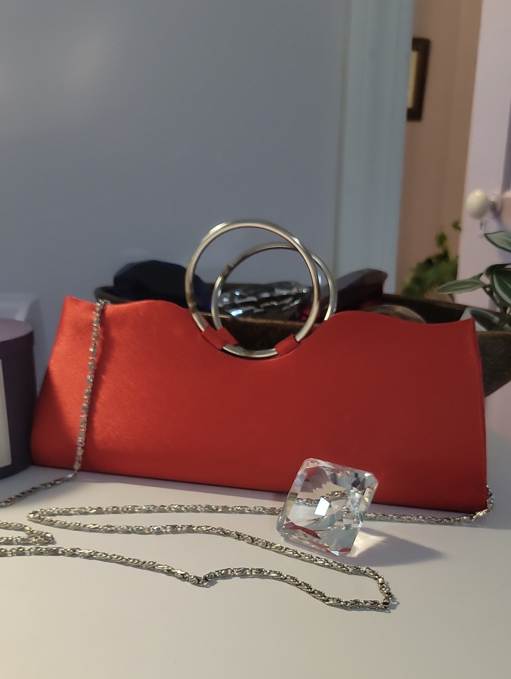 Bijoux Terner Red Satin Clutch with Gold Double-Ring Handle